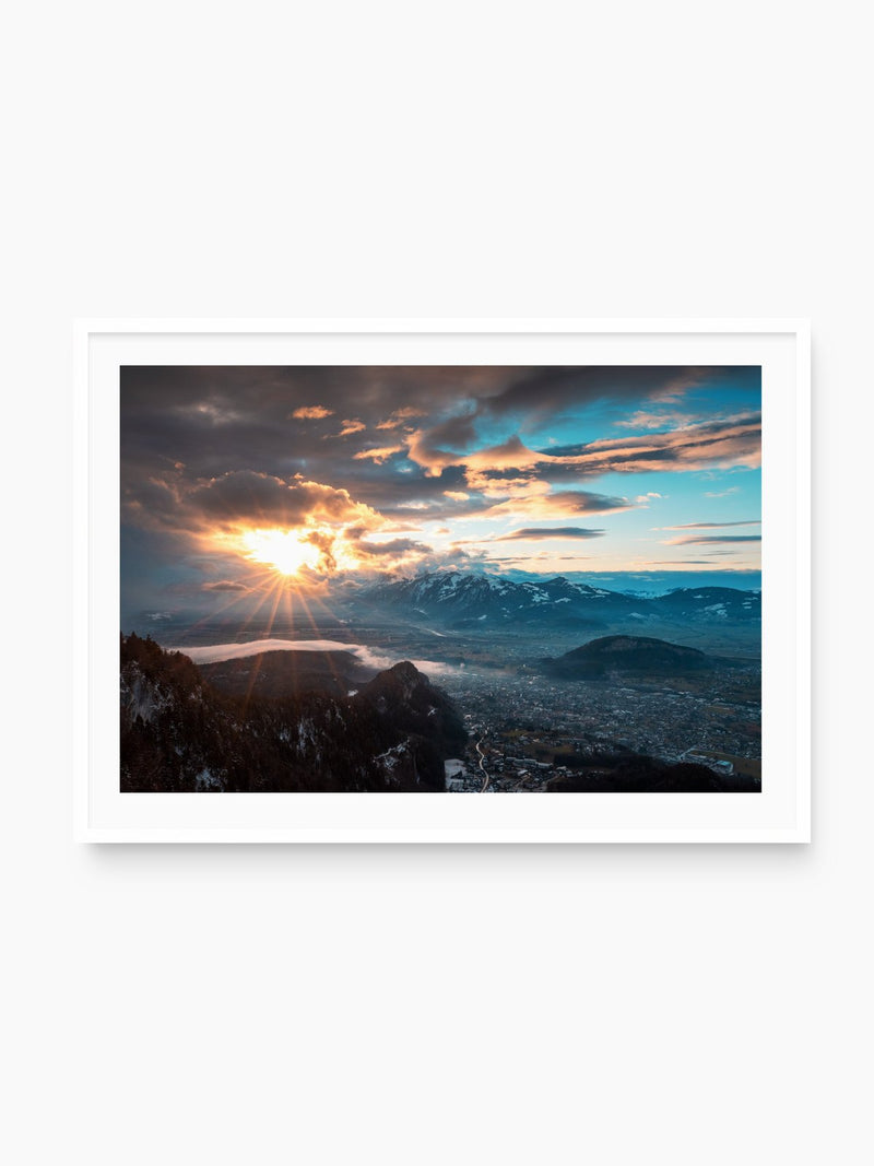 Rhine Valley Winter Sunset, Vorarlberg, white frame