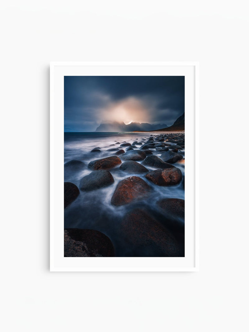 Rocky Beach at Sunset, Lofoten, white frame