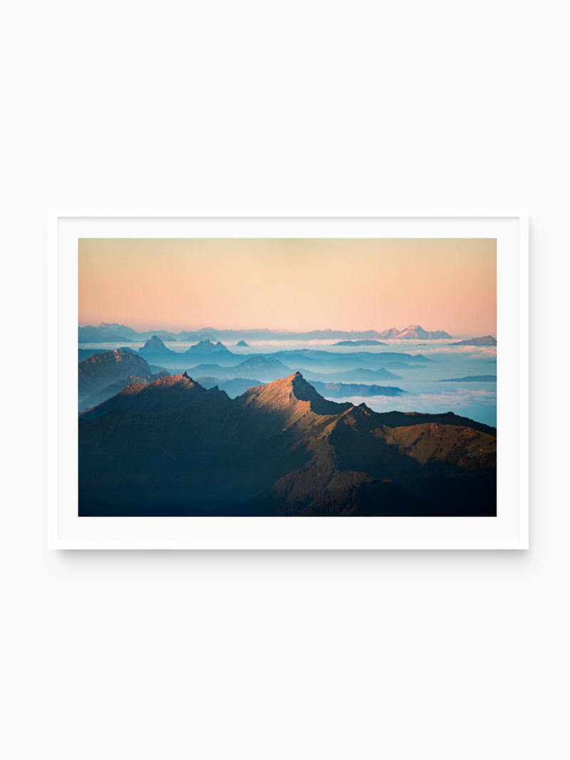 Säntis Sunrise, Silhouette Peaks, white frame