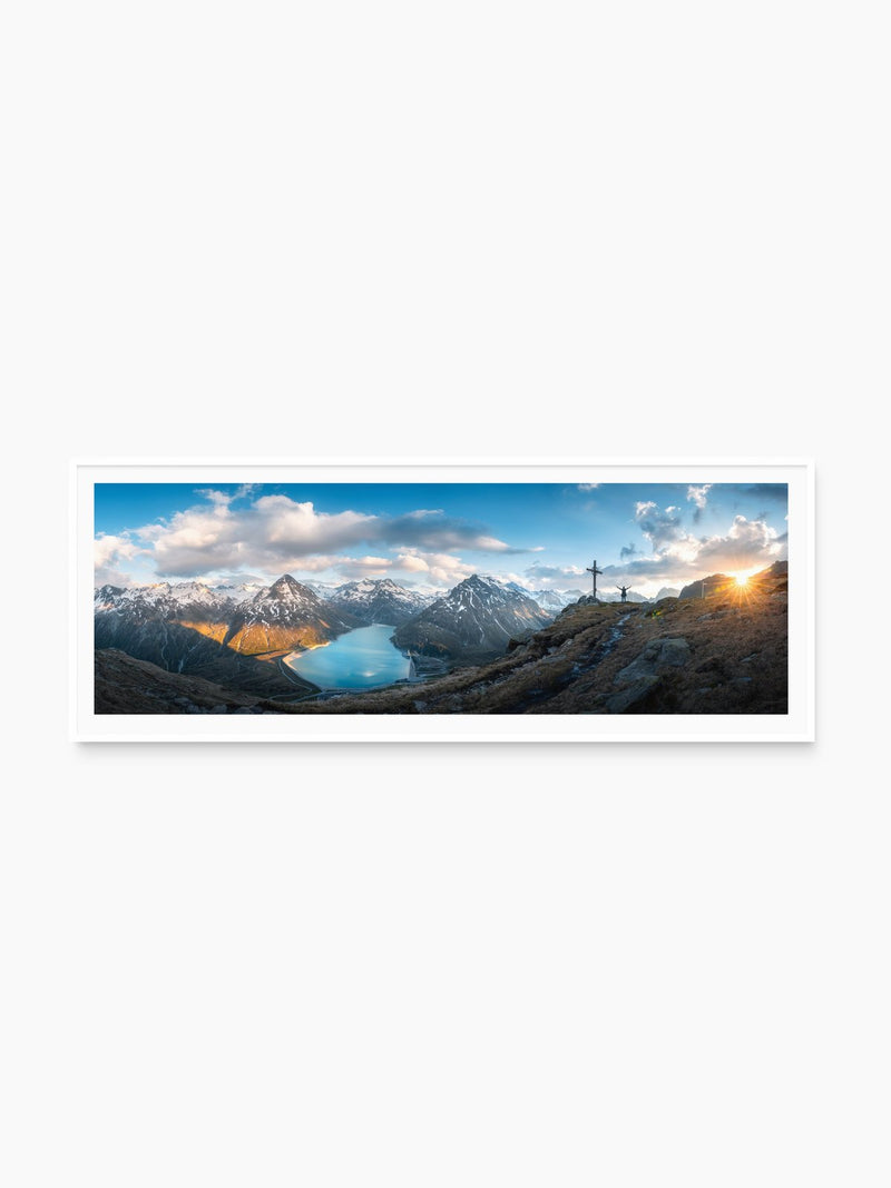Silvretta Reservoir Golden Sunset, Alps, white frame