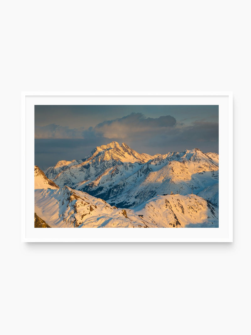 Snowy Peaks in the Evening Light, Zürs, white frame