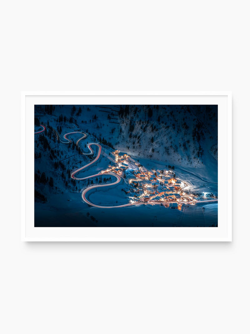 Night Light Trails, Stuben Arlberg, white frame