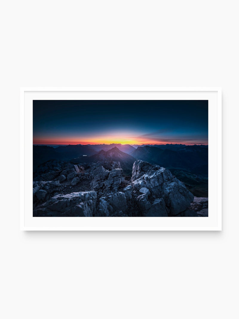 Sunrise at the Mohnenfluh, Lech, white frame