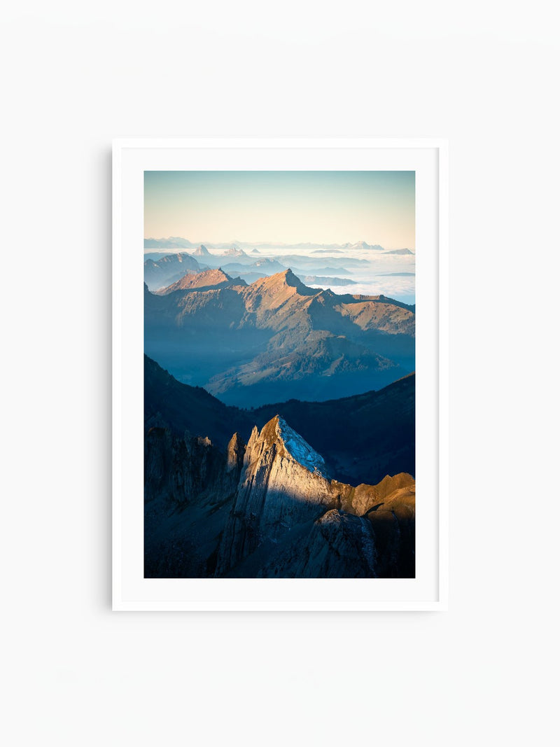 Säntis Peak at Sunrise, Switzerland, white frame