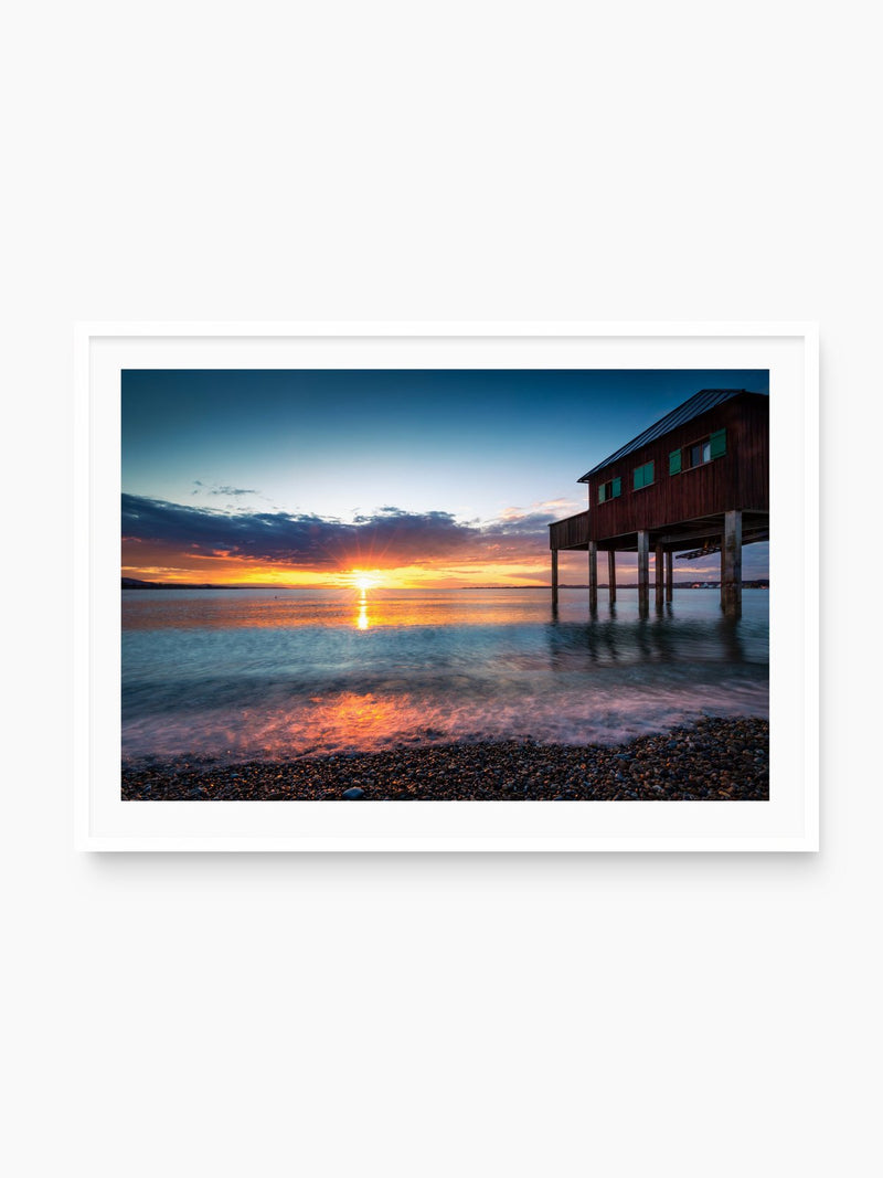 Sunset at the Boathouse, Lake Constance, white frame