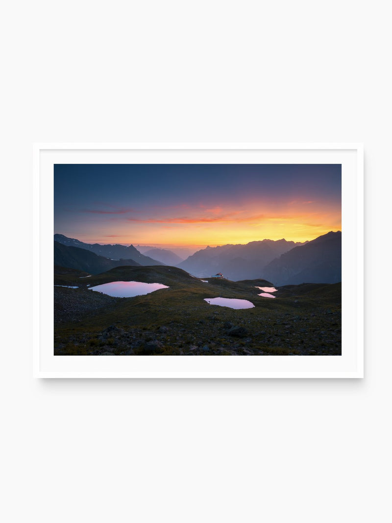 Sunset at the Kaltenberghütte, Verwall, white frame