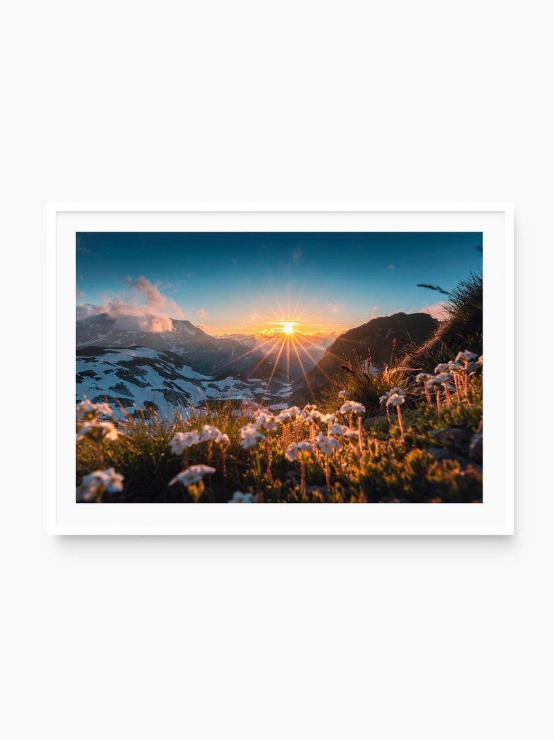 Sunset at the Madloch, Arlberg, white frame