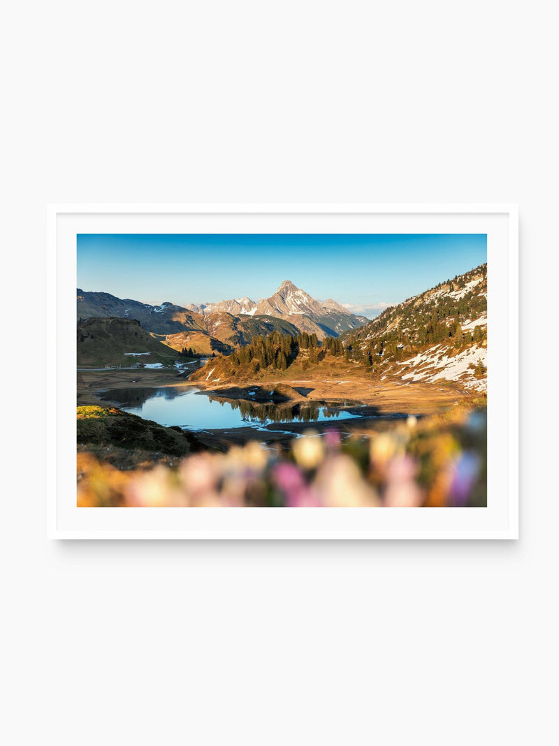 Körbersee Sunset, Warth Arlberg, white frame