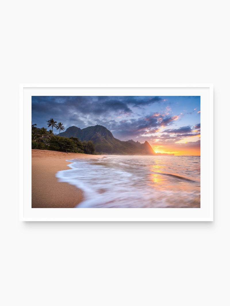 Sunset Waves at Tunnels Beach, Kauai, white frame