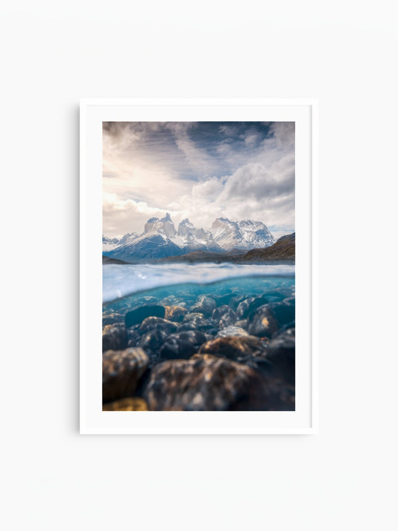 Torres del Paine, Reflection, white frame