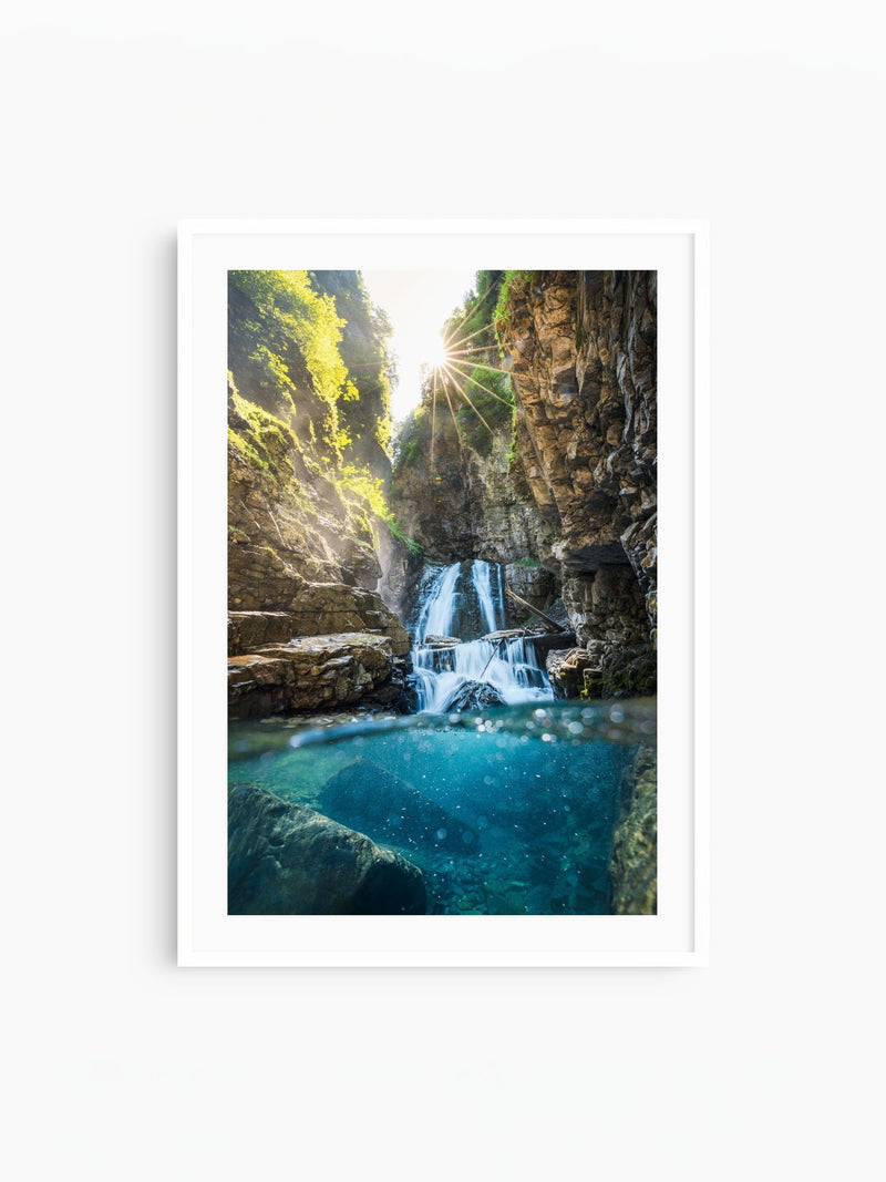 Übleschlucht Waterfall at Sunrise, Vorarlberg, white frame