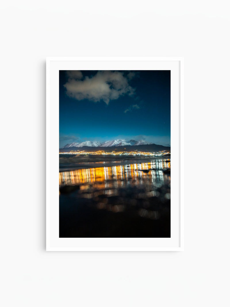 Ushuaia Reflections at Night, Argentina, white frame