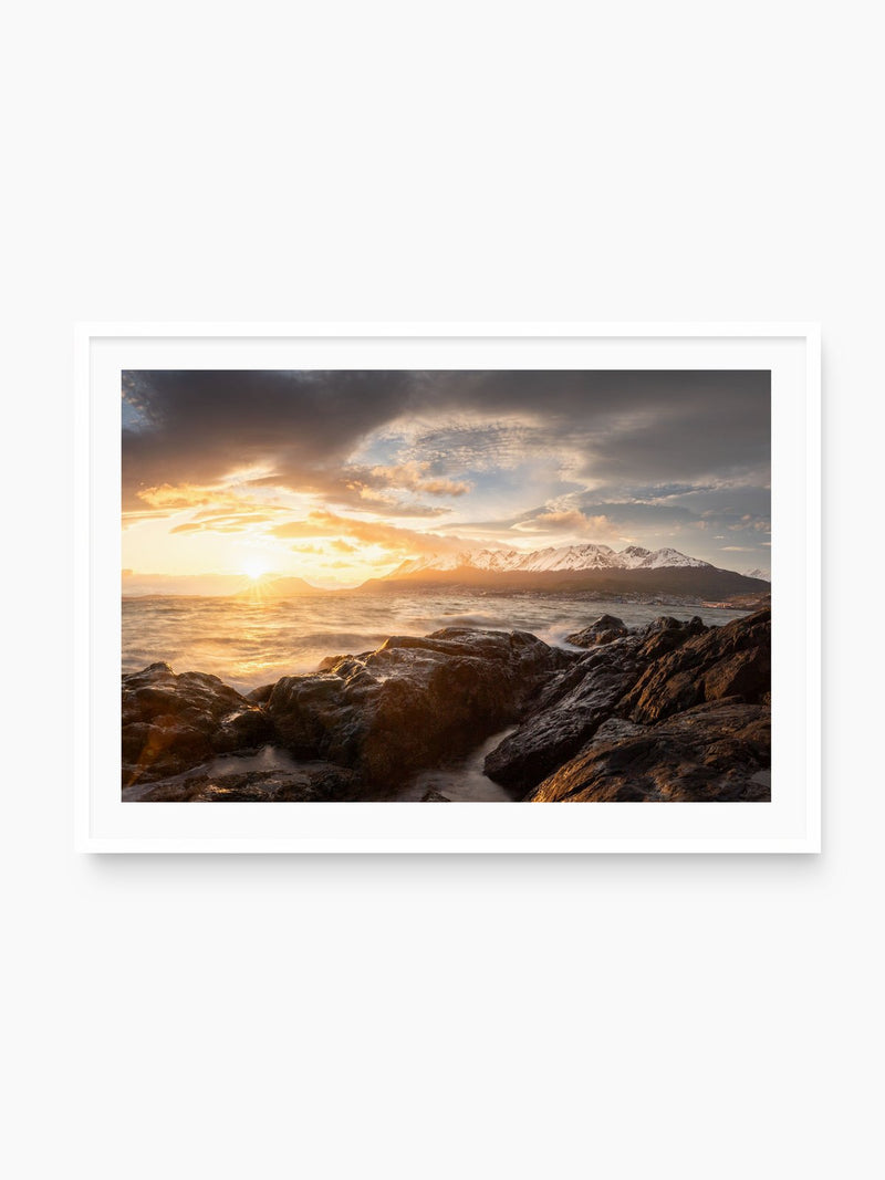 Sunset over Ushuaia, Argentine Patagonia, white frame