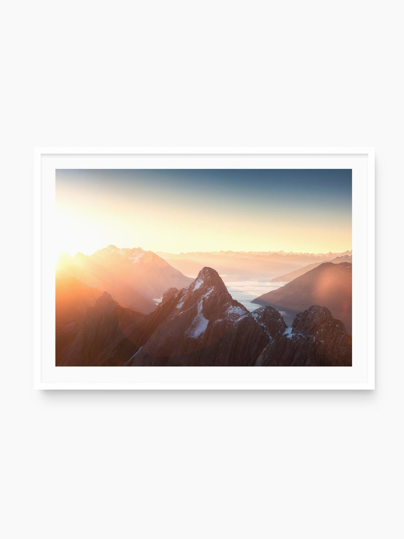 Sunrise on the Valluga, Arlberg, white frame