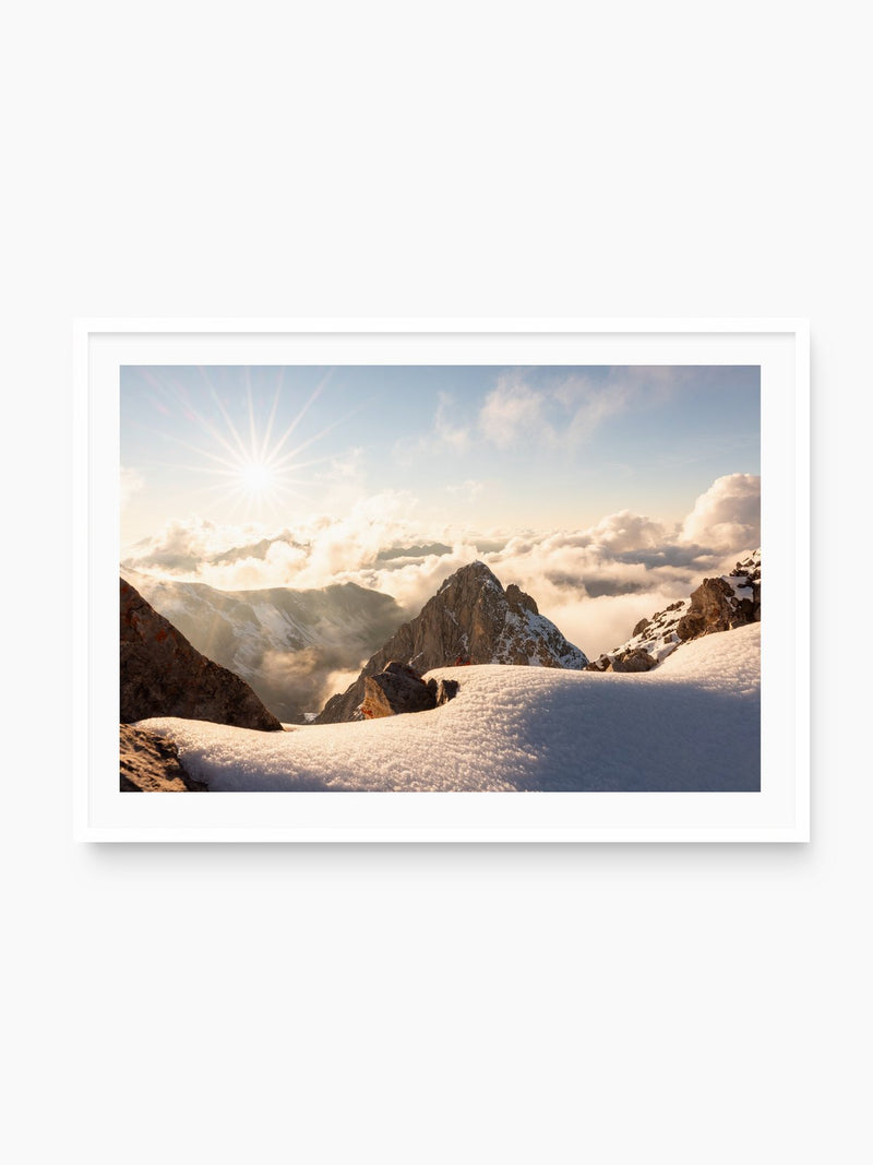 Sunset on the Valluga, Arlberg, white frame