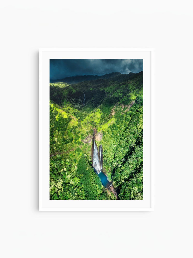 Waterfall From Above, Kauai, white frame