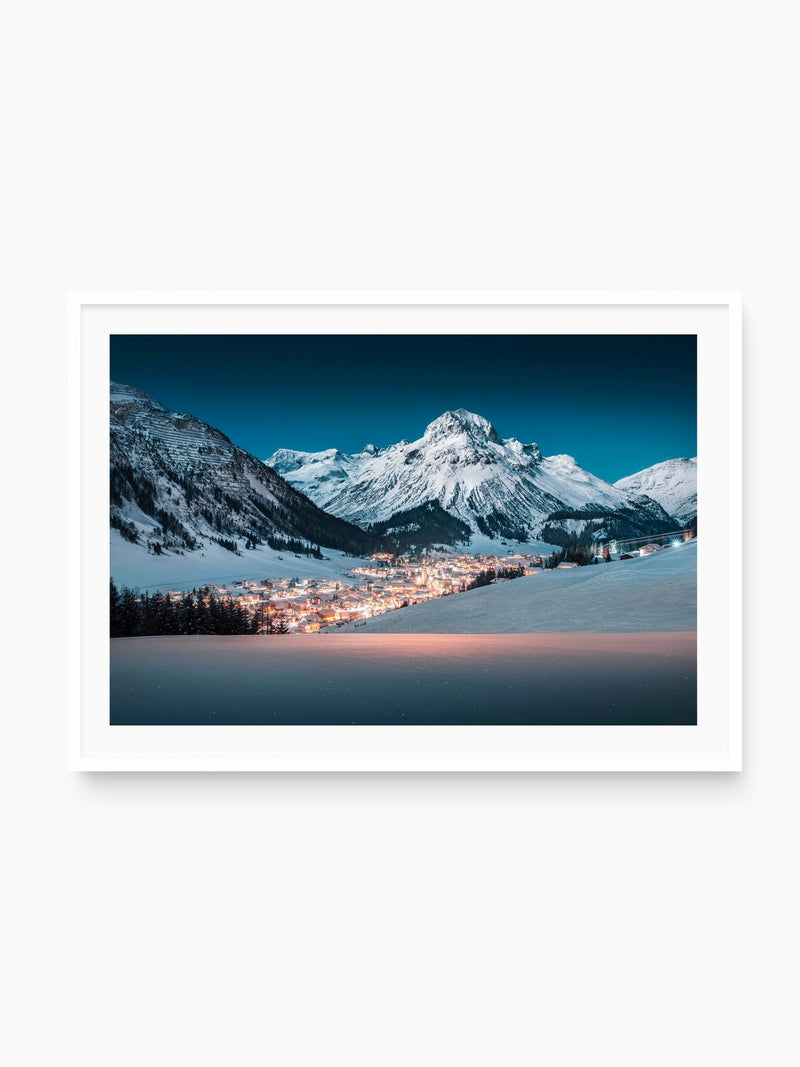 Winter Night in Lech, Arlberg, white frame