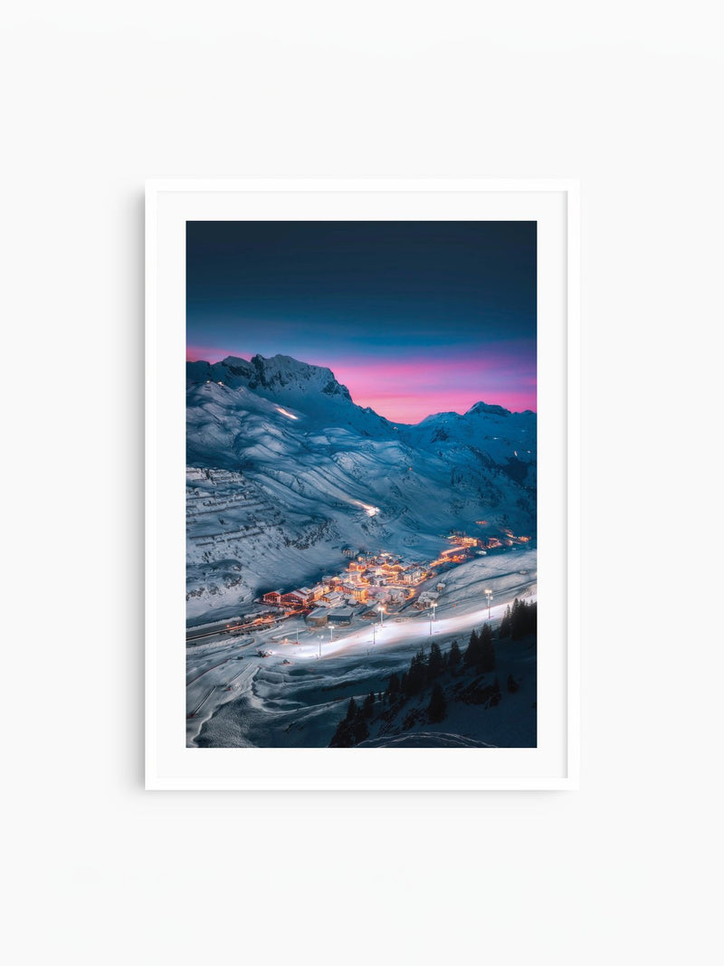 Zürs at Night, Arlberg, white frame